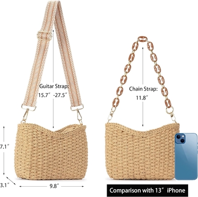 HERALD Pequeño bolsillo de paja hecho a mano bolsillo de cuerpo cruzado bolso para mujeres, verano elegante bolso de mano de tejido bolso de hombro con cadena