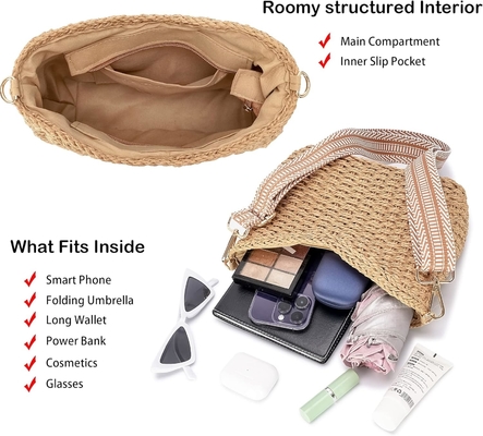 HERALD Pequeño bolsillo de paja hecho a mano bolsillo de cuerpo cruzado bolso para mujeres, verano elegante bolso de mano de tejido bolso de hombro con cadena