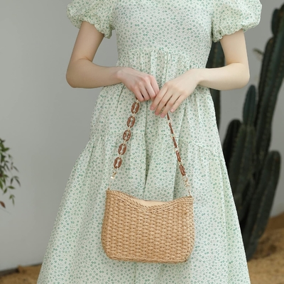 HERALD Pequeño bolsillo de paja hecho a mano bolsillo de cuerpo cruzado bolso para mujeres, verano elegante bolso de mano de tejido bolso de hombro con cadena
