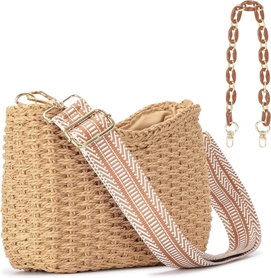 HERALD Pequeño bolsillo de paja hecho a mano bolsillo de cuerpo cruzado bolso para mujeres, verano elegante bolso de mano de tejido bolso de hombro con cadena