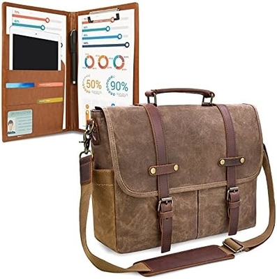 BOLSA DE MESSENGER de 15,6 pulgadas impermeable Vintage de cuero genuino tela encerada BREEFCASE BOLSA de hombro