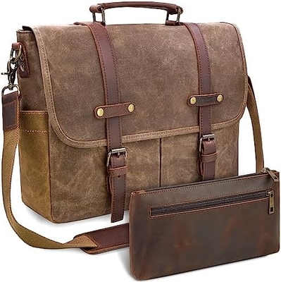 BOLSA DE MESSENGER de 15,6 pulgadas impermeable Vintage de cuero genuino tela encerada BREEFCASE BOLSA de hombro