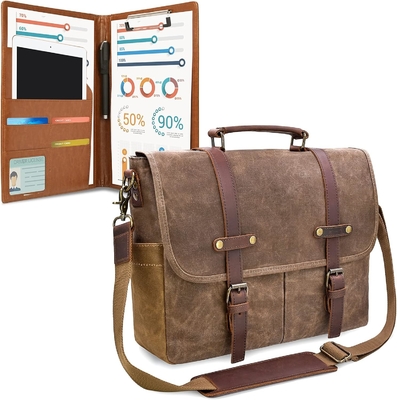 BOLSA DE MESSENGER de 15,6 pulgadas impermeable Vintage de cuero genuino tela encerada BREEFCASE BOLSA de hombro