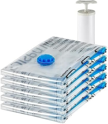 Amazon Basics Bolsas de almacenamiento de compresión al vacío con cremallera con bomba de mano, mediano, de 5 paquetes, blanco, azul cielo