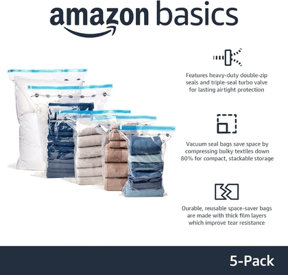 Amazon Basics Bolsas de almacenamiento de compresión al vacío con cremallera con bomba de mano, mediano, de 5 paquetes, blanco, azul cielo