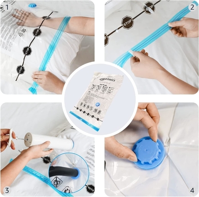 Amazon Basics Bolsas de almacenamiento de compresión al vacío con cremallera con bomba de mano, mediano, de 5 paquetes, blanco, azul cielo