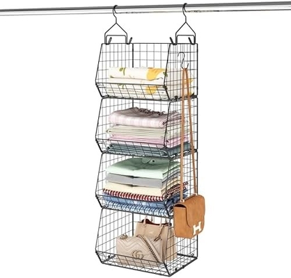 X-COSRACK 4 TIER organizador de armario plegable, estanterías de ropa con 5 ganchos, montaje en la pared y el armario de alambre de almacenamiento cestas de contenedores,