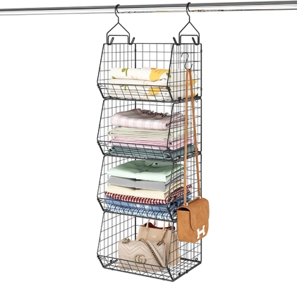 X-COSRACK 4 TIER organizador de armario plegable, estanterías de ropa con 5 ganchos, montaje en la pared y el armario de alambre de almacenamiento cestas de contenedores,