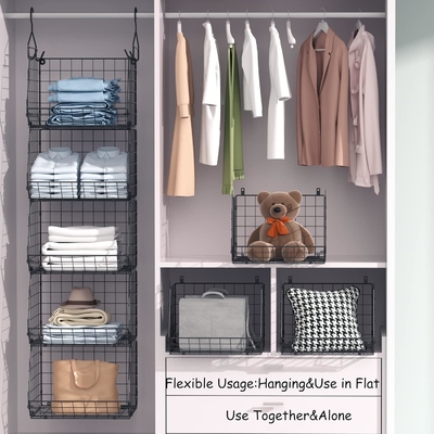 X-COSRACK 4 TIER organizador de armario plegable, estanterías de ropa con 5 ganchos, montaje en la pared y el armario de alambre de almacenamiento cestas de contenedores,