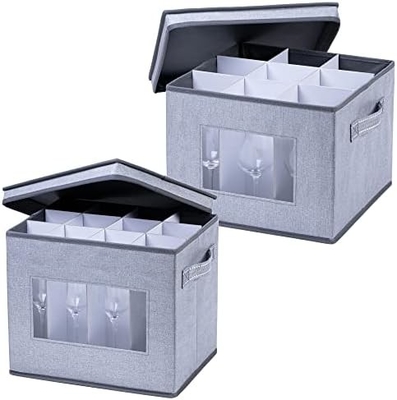 VENO 2 paquete de caja de almacenamiento de vidrio de vino con tapa y asas, artículos de vidrio, organizador de China, ideal para mover, transporte.