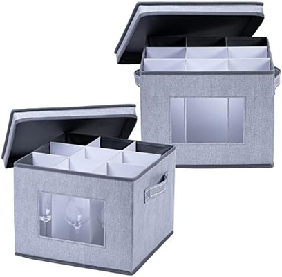 VENO 2 paquete de caja de almacenamiento de vidrio de vino con tapa y asas, artículos de vidrio, organizador de China, ideal para mover, transporte.
