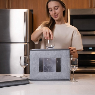 VENO 2 paquete de caja de almacenamiento de vidrio de vino con tapa y asas, artículos de vidrio, organizador de China, ideal para mover, transporte.