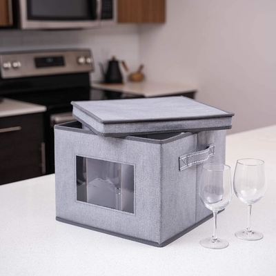 VENO 2 paquete de caja de almacenamiento de vidrio de vino con tapa y asas, artículos de vidrio, organizador de China, ideal para mover, transporte.