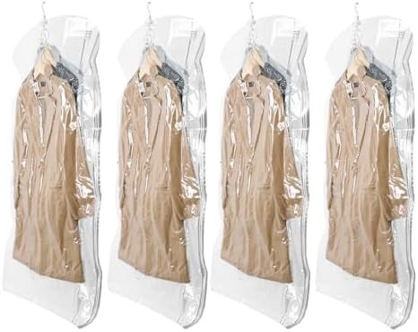 TAILI Bolsas colgantes de almacenamiento al vacío Bolsas de ahorro de espacio, conjunto de 4 (2 largas, 2 cortas), bolsas de sellado al vacío transparentes para ropa