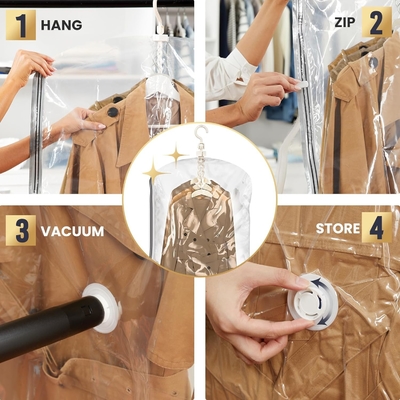 TAILI Bolsas colgantes de almacenamiento al vacío Bolsas de ahorro de espacio, conjunto de 4 (2 largas, 2 cortas), bolsas de sellado al vacío transparentes para ropa