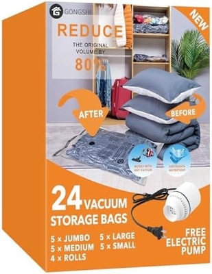 12 BOLSOS DE VACUUM (3 X JUMBO, 3 X GRAN, 3 X MEDIO, 3 X PEQUEÑO), con bolsas de compresión para selladores de ahorro de espacio