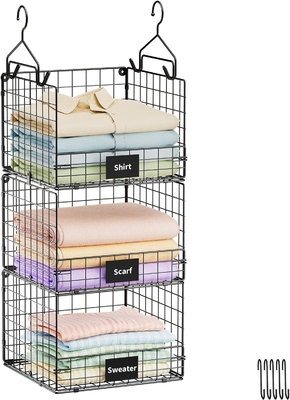 Sonyabecca 3-Tier organizador de armario colgante con placa de identificación, ropa colgando estantes 5 S ganchos, montaje en la pared y el gabinete