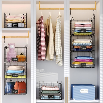 Sonyabecca 3-Tier organizador de armario colgante con placa de identificación, ropa colgando estantes 5 S ganchos, montaje en la pared y el gabinete