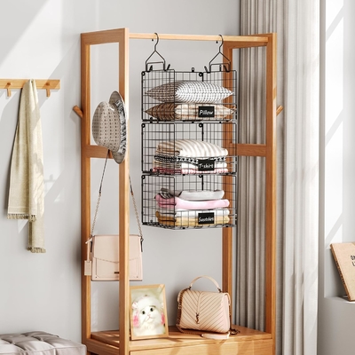 Sonyabecca 3-Tier organizador de armario colgante con placa de identificación, ropa colgando estantes 5 S ganchos, montaje en la pared y el gabinete