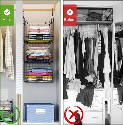 Sonyabecca 3-Tier organizador de armario colgante con placa de identificación, ropa colgando estantes 5 S ganchos, montaje en la pared y el gabinete