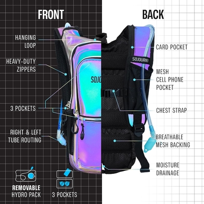 Paquete de hidratación Sojourner, Mochila de hidratación - Mochila de agua con 2 litros de vejiga de hidratación, Festival esencial - Rave