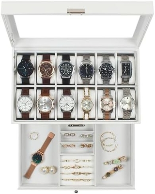 GUKA Cuadro de relojes 12 Reloj de tragamonedas Display Organizador Cuero Revestimiento de joyas Caja de cajón Vidrio Aniversario para hombres Mujeres, hijos Marido