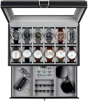 GUKA Cuadro de relojes 12 Reloj de tragamonedas Display Organizador Cuero Revestimiento de joyas Caja de cajón Vidrio Aniversario para hombres Mujeres, hijos Marido