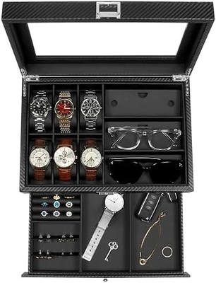 GUKA Cuadro de relojes 12 Reloj de tragamonedas Display Organizador Cuero Revestimiento de joyas Caja de cajón Vidrio Aniversario para hombres Mujeres, hijos Marido