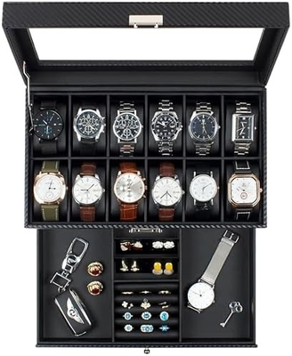 GUKA Cuadro de relojes 12 Reloj de tragamonedas Display Organizador Cuero Revestimiento de joyas Caja de cajón Vidrio Aniversario para hombres Mujeres, hijos Marido