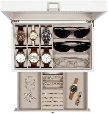 GUKA Cuadro de relojes 12 Reloj de tragamonedas Display Organizador Cuero Revestimiento de joyas Caja de cajón Vidrio Aniversario para hombres Mujeres, hijos Marido