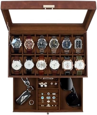 GUKA Cuadro de relojes 12 Reloj de tragamonedas Display Organizador Cuero Revestimiento de joyas Caja de cajón Vidrio Aniversario para hombres Mujeres, hijos Marido