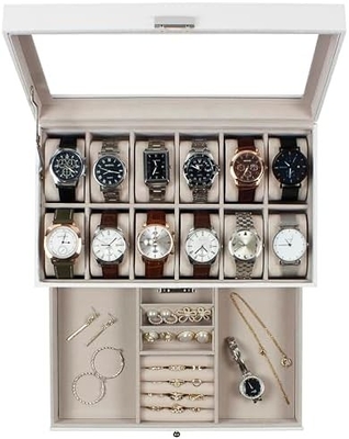 GUKA Cuadro de relojes 12 Reloj de tragamonedas Display Organizador Cuero Revestimiento de joyas Caja de cajón Vidrio Aniversario para hombres Mujeres, hijos Marido