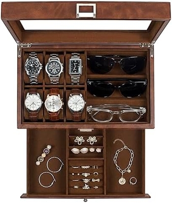 GUKA Cuadro de relojes 12 Reloj de tragamonedas Display Organizador Cuero Revestimiento de joyas Caja de cajón Vidrio Aniversario para hombres Mujeres, hijos Marido