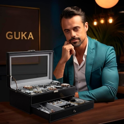 GUKA Cuadro de relojes 12 Reloj de tragamonedas Display Organizador Cuero Revestimiento de joyas Caja de cajón Vidrio Aniversario para hombres Mujeres, hijos Marido