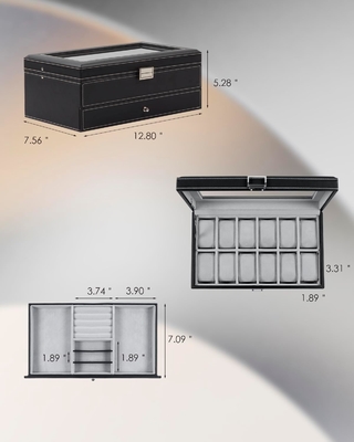 GUKA Cuadro de relojes 12 Reloj de tragamonedas Display Organizador Cuero Revestimiento de joyas Caja de cajón Vidrio Aniversario para hombres Mujeres, hijos Marido