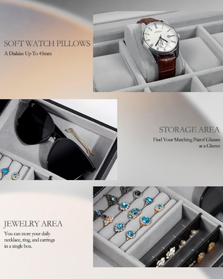 GUKA Cuadro de relojes 12 Reloj de tragamonedas Display Organizador Cuero Revestimiento de joyas Caja de cajón Vidrio Aniversario para hombres Mujeres, hijos Marido
