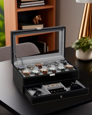 GUKA Cuadro de relojes 12 Reloj de tragamonedas Display Organizador Cuero Revestimiento de joyas Caja de cajón Vidrio Aniversario para hombres Mujeres, hijos Marido
