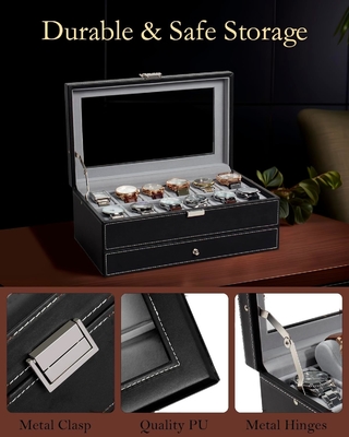 GUKA Cuadro de relojes 12 Reloj de tragamonedas Display Organizador Cuero Revestimiento de joyas Caja de cajón Vidrio Aniversario para hombres Mujeres, hijos Marido