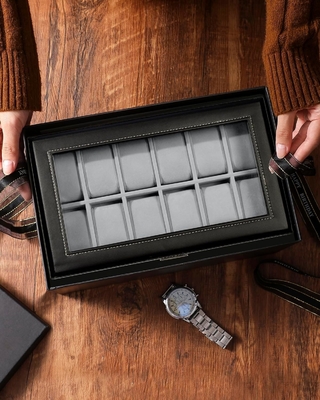 GUKA Cuadro de relojes 12 Reloj de tragamonedas Display Organizador Cuero Revestimiento de joyas Caja de cajón Vidrio Aniversario para hombres Mujeres, hijos Marido