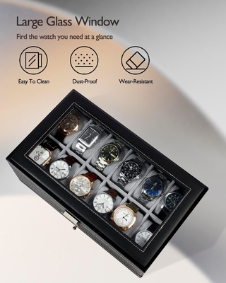 GUKA Cuadro de relojes 12 Reloj de tragamonedas Display Organizador Cuero Revestimiento de joyas Caja de cajón Vidrio Aniversario para hombres Mujeres, hijos Marido