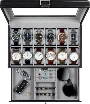 GUKA Cuadro de relojes 12 Reloj de tragamonedas Display Organizador Cuero Revestimiento de joyas Caja de cajón Vidrio Aniversario para hombres Mujeres, hijos Marido