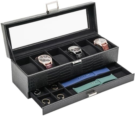 ProCase organizador de caja de relojes para hombres, caja de visualización de relojes de 6 ranuras con cajón, regalo para el día del padre