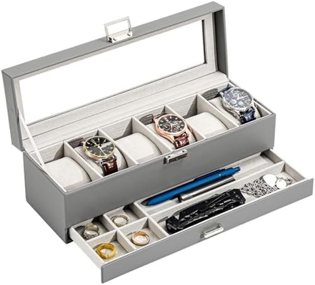 ProCase organizador de caja de relojes para hombres, caja de visualización de relojes de 6 ranuras con cajón, regalo para el día del padre