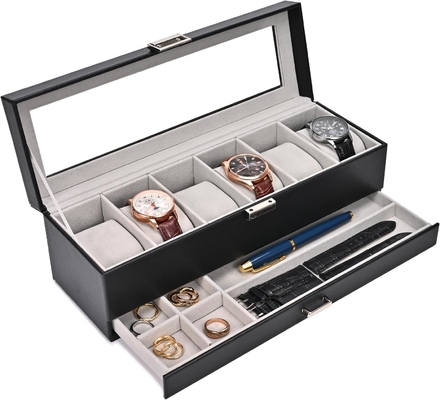 ProCase organizador de caja de relojes para hombres, caja de visualización de relojes de 6 ranuras con cajón, regalo para el día del padre