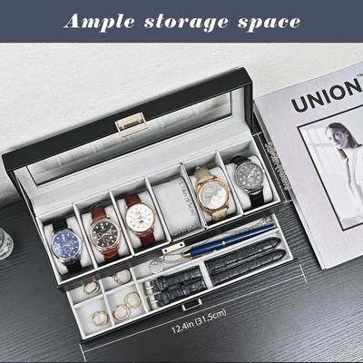 ProCase organizador de caja de relojes para hombres, caja de visualización de relojes de 6 ranuras con cajón, regalo para el día del padre