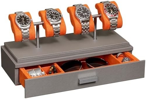 ROTHWELL Casilla de exhibición de relojes de lujo para 4 relojes ¢ Caja de relojes de cuero con cubierta acrílica y deslizador extraíble en cojines