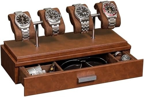 ROTHWELL Casilla de exhibición de relojes de lujo para 4 relojes ¢ Caja de relojes de cuero con cubierta acrílica y deslizador extraíble en cojines