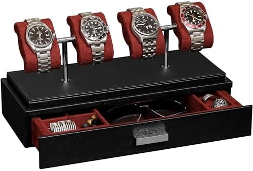 ROTHWELL Casilla de exhibición de relojes de lujo para 4 relojes ¢ Caja de relojes de cuero con cubierta acrílica y deslizador extraíble en cojines