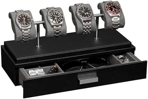 ROTHWELL Casilla de exhibición de relojes de lujo para 4 relojes ¢ Caja de relojes de cuero con cubierta acrílica y deslizador extraíble en cojines
