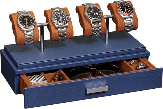 ROTHWELL Casilla de exhibición de relojes de lujo para 4 relojes ¢ Caja de relojes de cuero con cubierta acrílica y deslizador extraíble en cojines